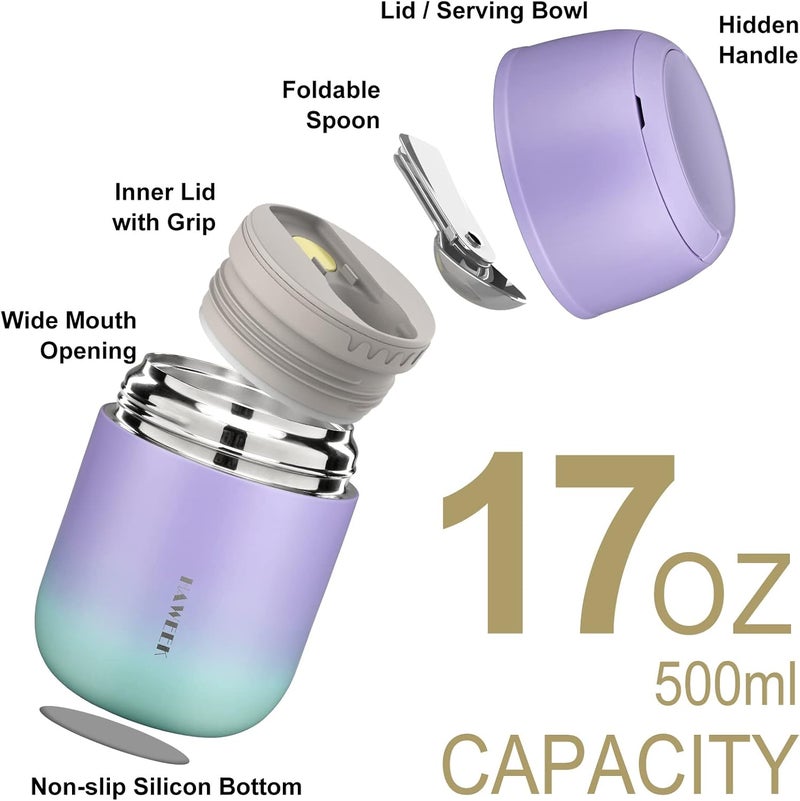 Haweek Insulated Soup Thermo 17oz - Stainless Steel Vacuum Lunch Box for Adults, Kids Leakproof Hot Food Container with Handle Folding Spoon (School Office Outdoor) - Image 2